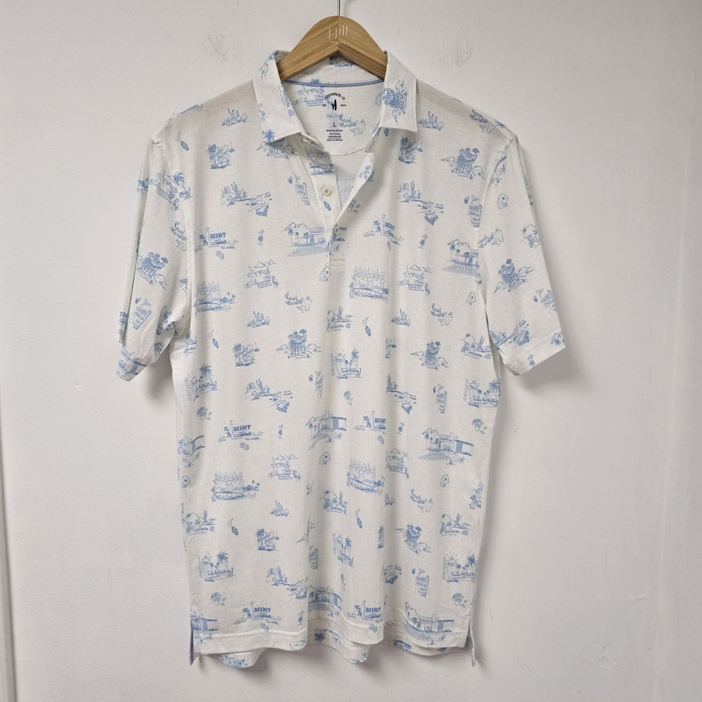 Johnnie-O Golf Polo Shirt Size L Beginners Luck Casino Print White Short Sleeve